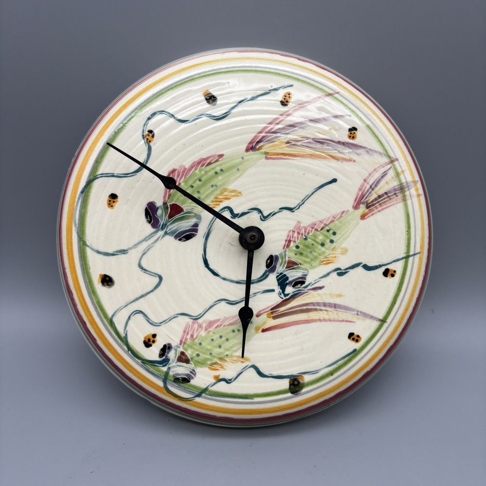 Studio Pottery Signed Wall Clock Cream With Colorful Fish WORKS!